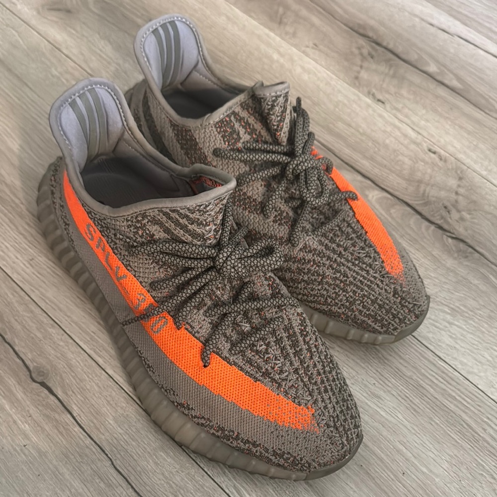 Yeezy Gray and Orange Sneakers with Primeknit Upper - Picture 2 of 5